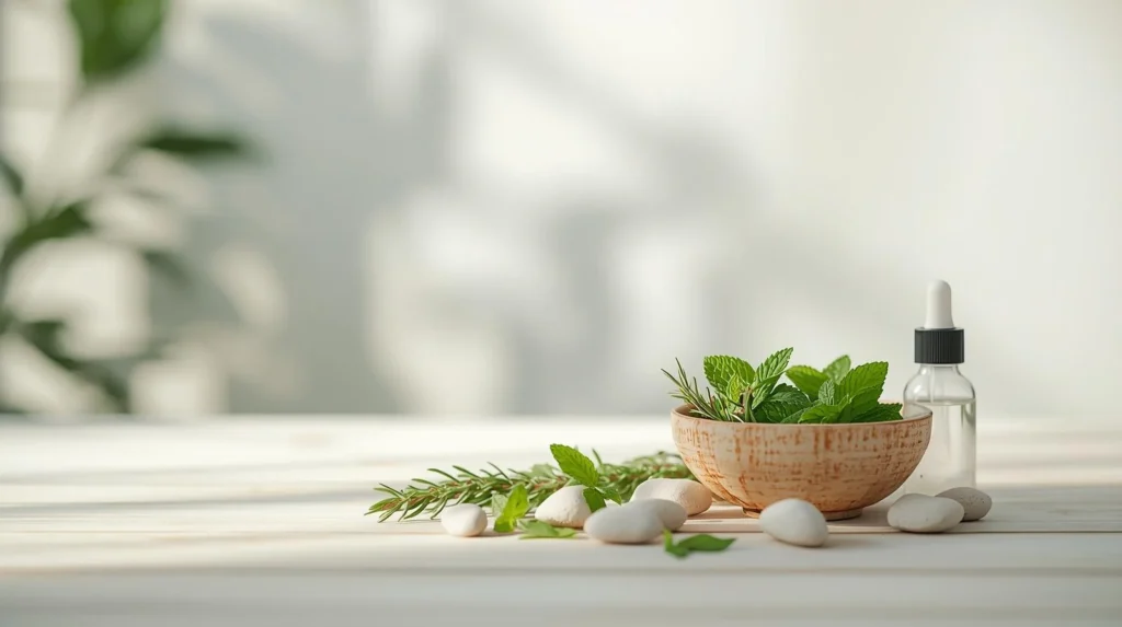 A serene and clean background for the Health & Wellness category, featuring a bowl of fresh herbs like mint and rosemary, a dropper bottle, and smooth stones on a light wooden surface.