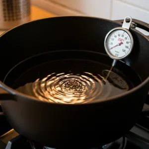 A black cast-iron pot filled with cooking oil being heated to 350°F, checked with a deep-fry thermometer, in preparation for frying crispy onion rings.