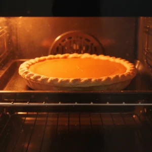 A homemade pumpkin pie baking to a perfect golden-brown inside a warmly lit oven, a classic Thanksgiving pumpkin pie.