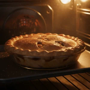 A beautiful, golden-brown baked apple pie bubbling in a glass dish inside a warmly lit oven, showing the final result of this easy apple pie recipe.