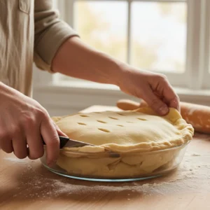 Hands using a knife to trim the excess flaky pie crust after placing the top crust on a homemade apple pie from scratch.