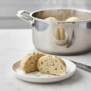 A perfectly cooked dumpling cut in half on a white plate, revealing a light and fluffy interior, demonstrating how to check for doneness in a fluffy dumplings recipe.