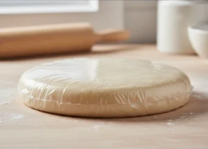 A smooth disk of homemade pie dough wrapped tightly in plastic, ready to be chilled for a simple pumpkin pie from scratch.