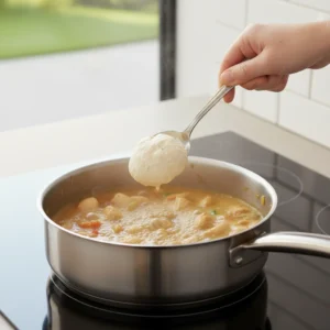 Dropping a spoonful of raw dough into a simmering pot of stew to cook a fluffy dumplings recipe.