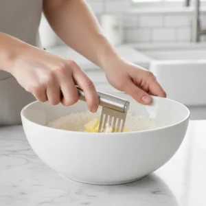 Using a pastry cutter to cut cold butter into a flour mixture, a key step in this fluffy dumplings recipe from scratch.