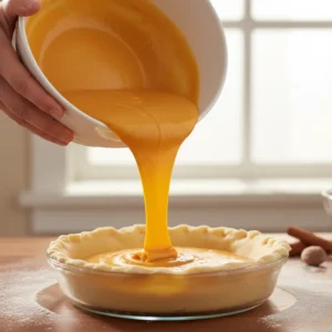 Pouring the smooth, silky pumpkin filling into an unbaked pie crust, a key step in this classic pumpkin pie recipe.