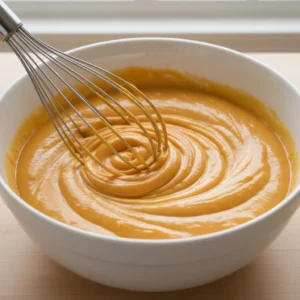 A wire whisk creating a perfect swirl in a bowl of smooth and silky filling, showing how to create a rich pumpkin custard for the pie.