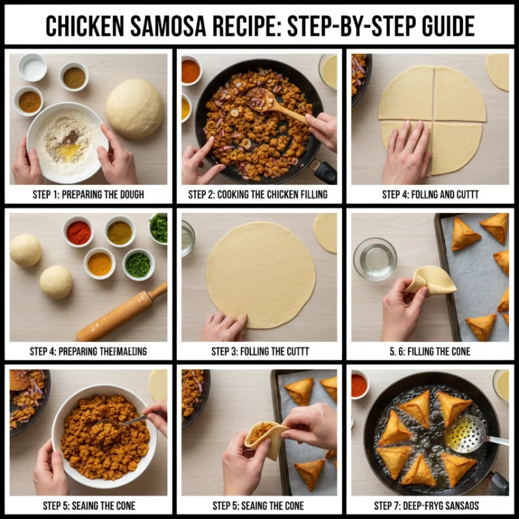 A 9-panel photo collage showing the complete step-by-step chicken samosa recipe, from preparing the dough and cooking the chicken filling to rolling, cutting, folding the cone, sealing, and deep-frying the samosas.