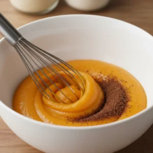 A wire whisk mixing smooth pumpkin puree and brown sugar together in a white bowl to begin making the filling for a creamy pumpkin pie.