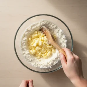 A hand cutting cold butter into flour in a glass bowl, the first step in creating the best pie crust for pumpkin pie.