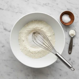 A white bowl with flour, salt, and baking powder being whisked together, the first step in this fluffy dumplings recipe from scratch