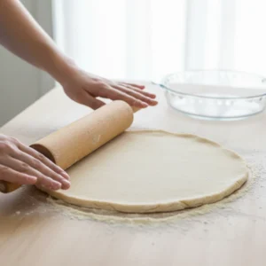 Hands using a wooden rolling pin to roll out a chilled disk of pie dough into a circle for a homemade pumpkin pie.