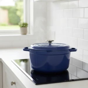 A blue pot covered with a tight-fitting lid on the stove, with a wisp of steam escaping as the dumplings cook for a homemade chicken and dumplings recipe.