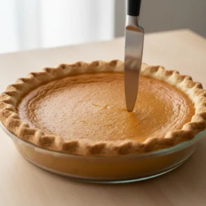 A knife inserted near the center of a baked classic pumpkin pie comes out clean, showing it's perfectly cooked and ready to cool.