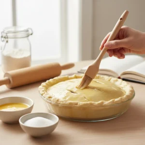 A hand using a pastry brush to apply an egg wash to the top flaky pie crust of an unbaked apple pie, a secret to the best apple pie recipe.
