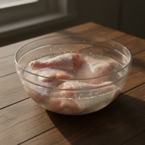 Raw chicken pieces brining in a large glass bowl of salt and vinegar water on a wooden table, the first step to making juicy Al Baik style fried chicken.