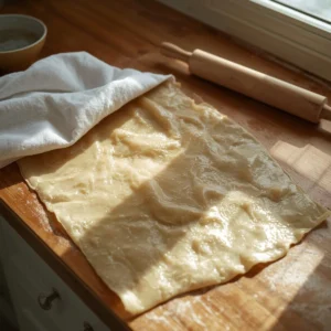 A sheet of delicate, paper-thin phyllo dough spread out on a wooden countertop and partially covered with a damp white kitchen towel to prevent it from drying out.