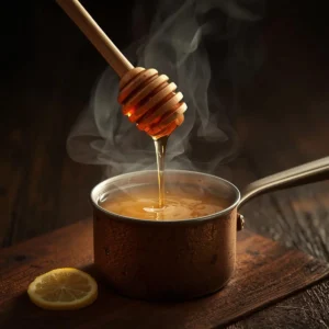 A wooden honey dipper drips a stream of hot, steaming honey syrup back into a rustic copper saucepan on a dark wooden board, with a lemon slice on the side for making baklava syrup.