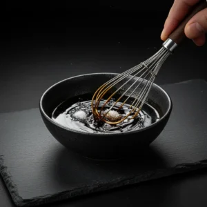 A hand using a wire whisk to mix sugar and salt into a dark soy-based liquid in a black bowl to create a homemade stir-fry sauce.