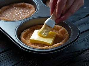 A hand using a pastry brush to prepare a muffin tin cup for a Kouign Amann recipe, showing a pat of butter placed on a layer of brown sugar.