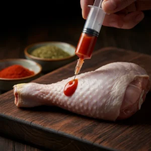 A hand using a food injector to inject a red hot sauce marinade into a raw chicken leg on a wooden cutting board, a key step for making Al Baik style fried chicken.