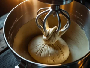 A close-up action shot of a stand mixer's dough hook kneading a ball of smooth, elastic pastry dough in a stainless steel bowl, showing the dough stretching as it develops gluten.