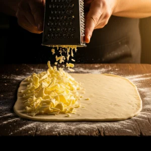 A close-up of a chef's hands using a box grater to grate a cold block of yellow butter directly onto one half of a rolled-out rectangle of pastry dough on a dark wooden surface.
