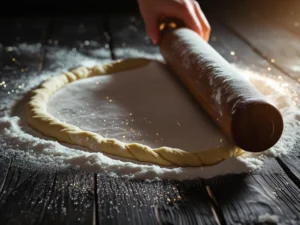 An action shot of a wooden rolling pin rolling out a chilled pastry dough on a dark wooden surface that is generously covered in sparkling granulated sugar