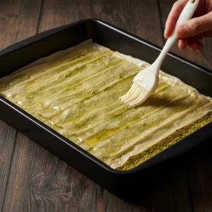 A hand using a pastry brush to apply melted butter to a top layer of phyllo dough placed over the pistachio filling while assembling baklava in a baking pan.
