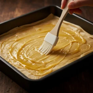 A hand using a pastry brush to spread a generous layer of melted butter over a thin sheet of phyllo dough in a dark square baking pan while making baklava.