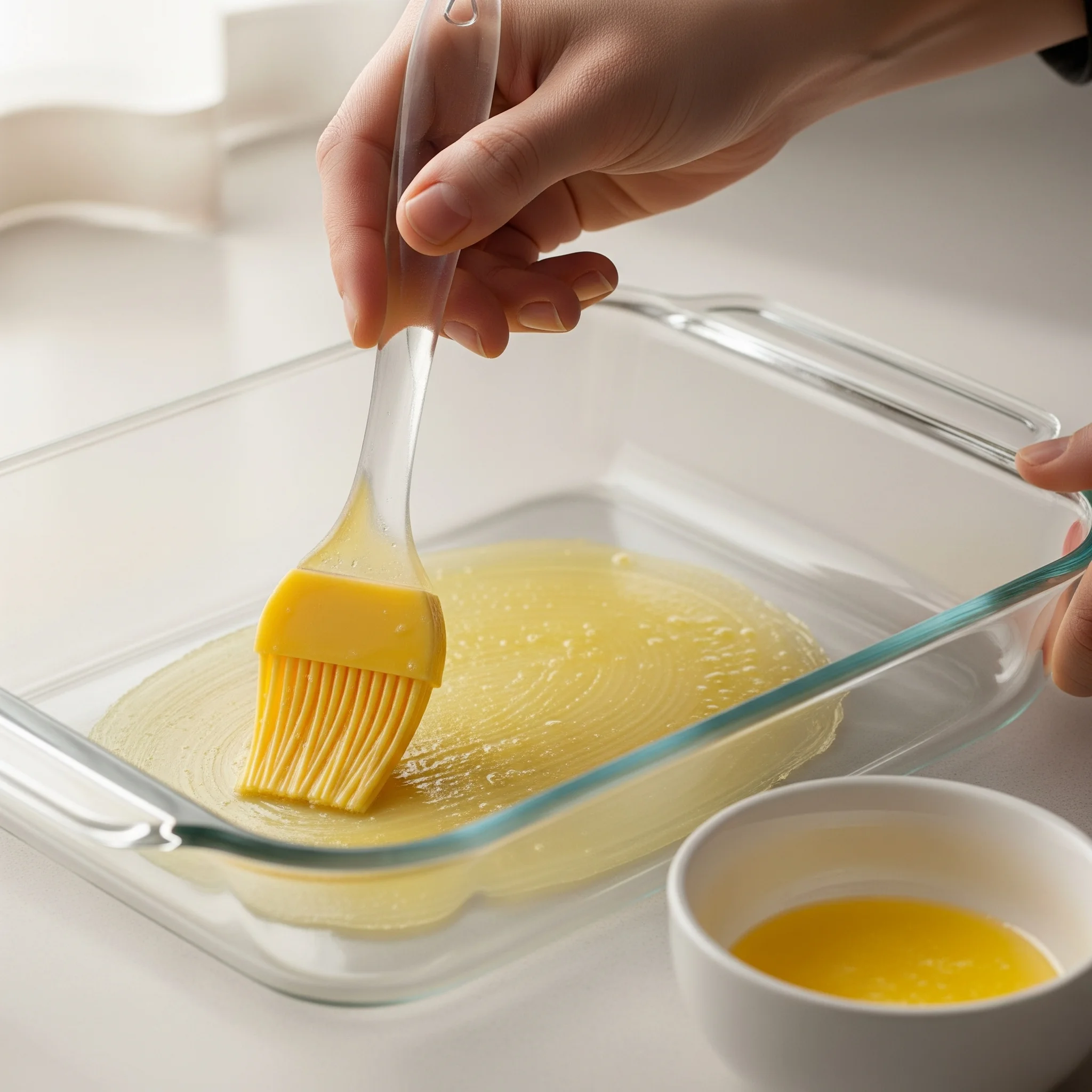 A hand using a yellow silicone pastry brush to spread melted butter evenly over a thin sheet of phyllo dough inside a clear glass baking dish. A small bowl of melted butter is to the side.