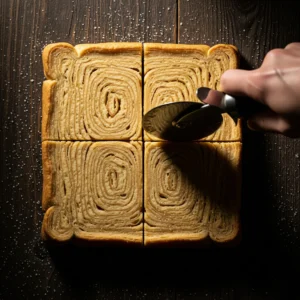 A top-down view of a square, baked multi-layered pastry bread being cut into four squares with a pizza cutter on a dark wooden surface, showcasing its incredible concentric flaky layers.