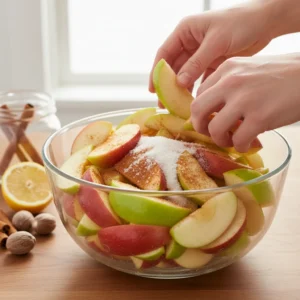 Hands tossing sliced apples with sugar, cinnamon, and nutmeg in a large glass bowl to create a delicious apple pie filling recipe.