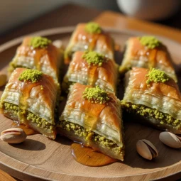 Several diamond-shaped pieces of homemade pistachio baklava on a wooden plate, featuring flaky layers, a bright green pistachio filling, and a glistening honey syrup drizzle.