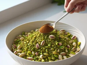 A hand adding a spoonful of ground cinnamon to a white ceramic bowl filled with finely chopped and whole green pistachios to create the aromatic filling for baklava.