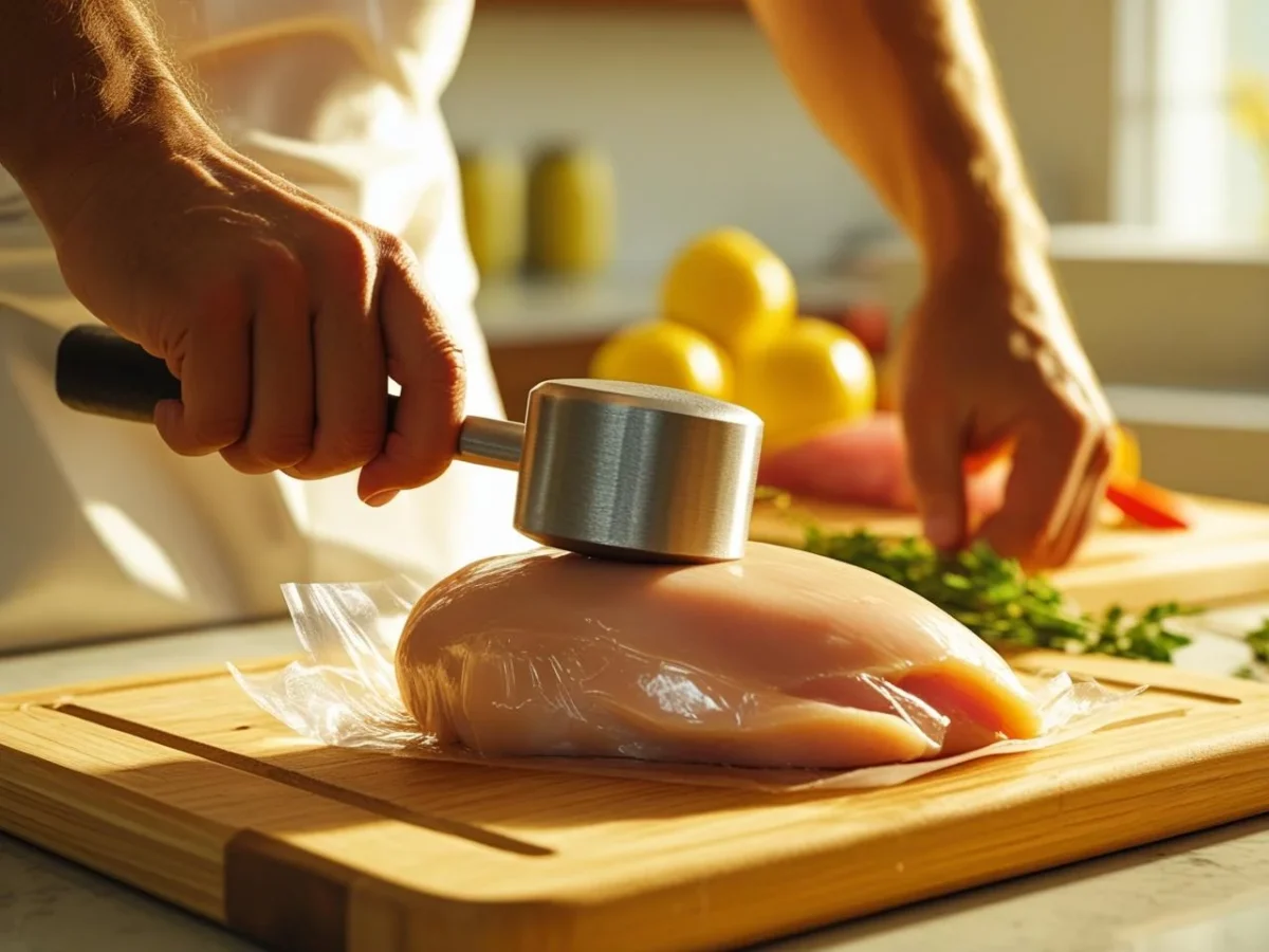 A chef using a metal meat mallet to pound a boneless chicken breast to an even thickness on a wooden cutting board. The chicken is covered with plastic wrap.