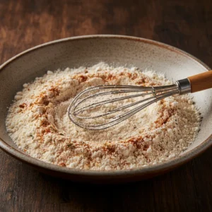 A wire whisk resting in a rustic shallow bowl containing a mixture of flour, cornflour, and spices for the crispy coating of Al Baik style fried chicken.