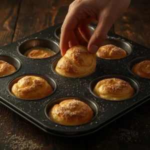 A hand carefully placing a small, shaped Kouign Amann pastry into a greased and sugared dark muffin tin, arranging them for the final proof before baking