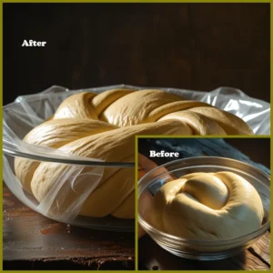 A before-and-after photo collage showing a ball of smooth dough in a glass bowl, and then the same dough after proofing, having doubled in size to become light and airy.