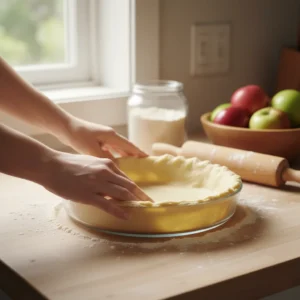 Hands gently pressing a flaky pie crust into a glass pie dish, the first step in this step by step easy apple pie recipe.