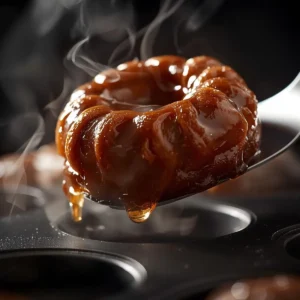A close-up action shot of a hot, steaming, and deeply caramelized Kouign Amann pastry being carefully lifted from a dark muffin tin with a metal spatula, dripping with sticky caramel.