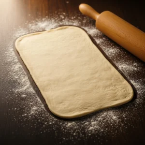 A smooth pastry dough rolled out into a neat rectangle on a lightly floured dark wooden surface, with a wooden rolling pin resting beside it.