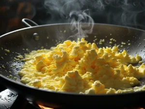 A close-up of fluffy, light yellow scrambled eggs being cooked in a hot wok, with steam rising and a hint of oil glistening in the pan.