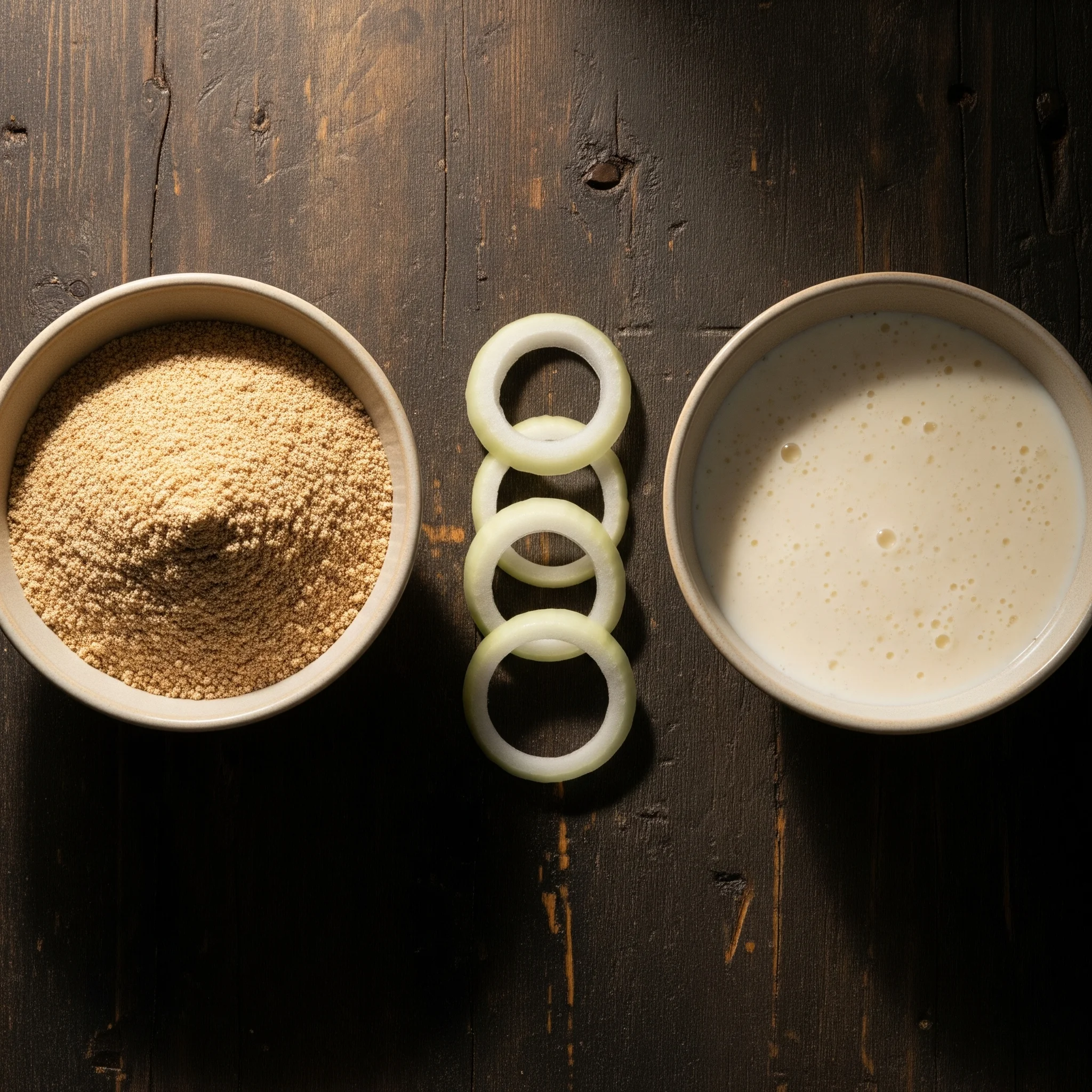 A top-down view of a dredging station for crispy onion rings, with a bowl of seasoned dry mix, a bowl of wet batter, and raw onion rings arranged on a dark wooden table.