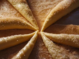 A close-up, top-down view of a rolled-out pastry dough covered in sparkling granulated sugar, which has been cut into triangular wedges from the center in preparation for folding and shaping.