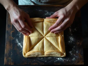 A top-down view of a pair of hands carefully shaping a square of layered pastry dough on a dark wooden board, folding the layered edges over the top