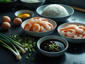 A flat lay of all the prepped ingredients for shrimp fried rice, including bowls of cooked rice, peeled shrimp, a soy sauce mixture, beaten egg, and fresh scallions on a dark countertop.