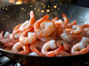 A close-up action shot of plump pink and white shrimp sizzling and being rapidly stir-fried in a hot black wok, with particles of seasoning flying in the air.