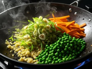 A colorful mix of minced garlic, sliced scallions, bright green peas, and orange carrots sizzling and steaming in a hot black wok for a fried rice recipe.