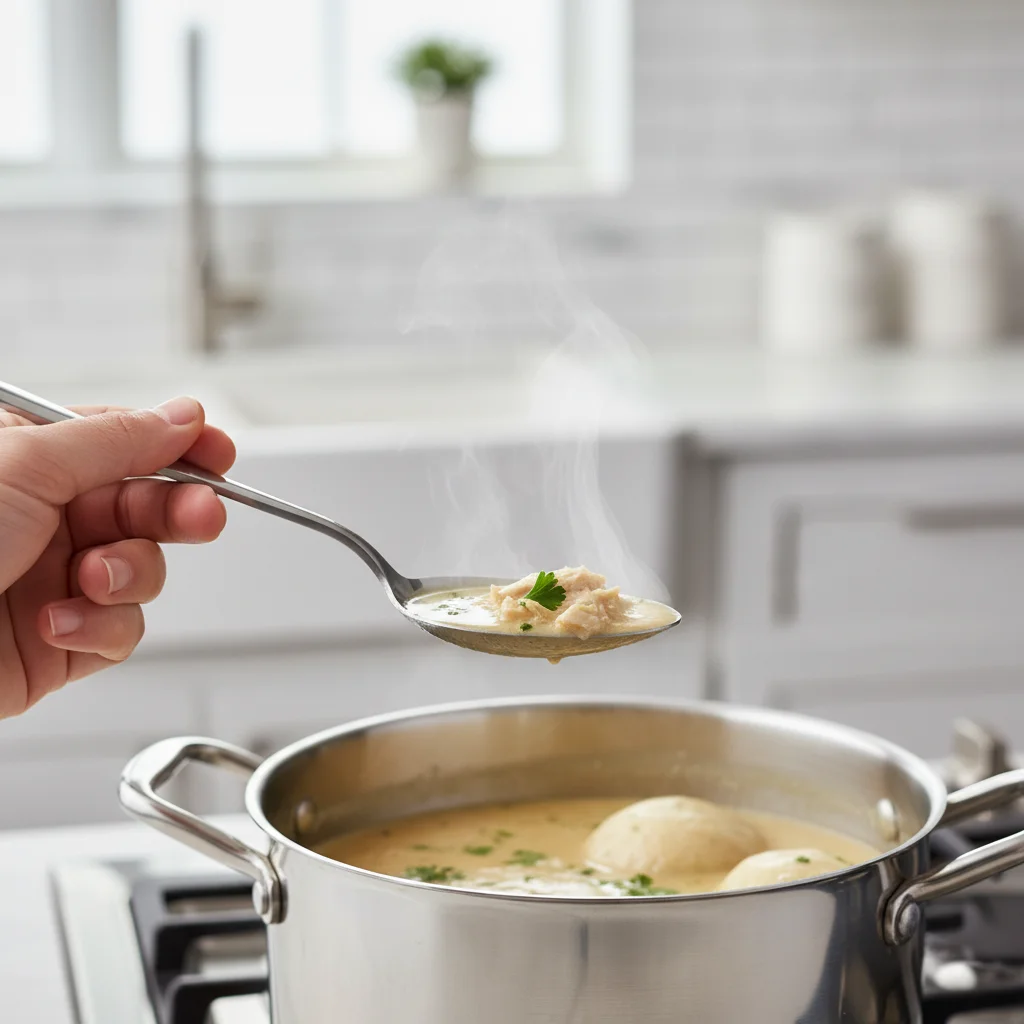 Tasting a spoonful of the hot, creamy chicken stew to adjust the final seasoning for a perfect pot of homemade chicken and dumplings.
